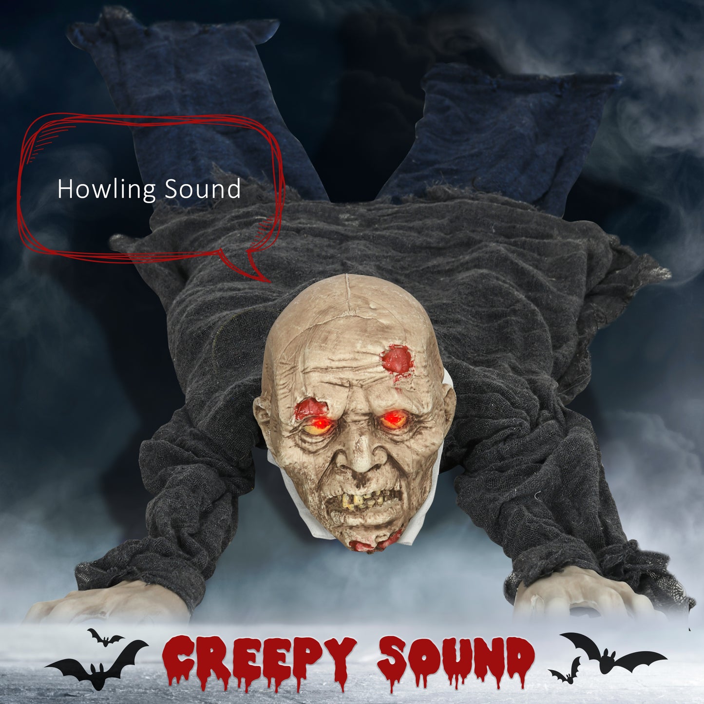 HOMCOM 5.2ft Life Size Outdoor Halloween Decoration Crawling Zombie, Animated Prop Decor with Sound and Motion Activated, Light Up Eyes, Howling Sound, Posable Arms