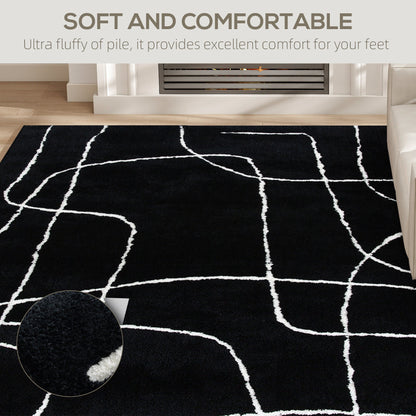 HOMCOM Modern Fluffy Area Rug, Geometric Pattern Washable Rug, Soft High Pile Floor Carpet for Living Room, Bedroom, Dining Room, Home Office, 170 x 120 cm, Black