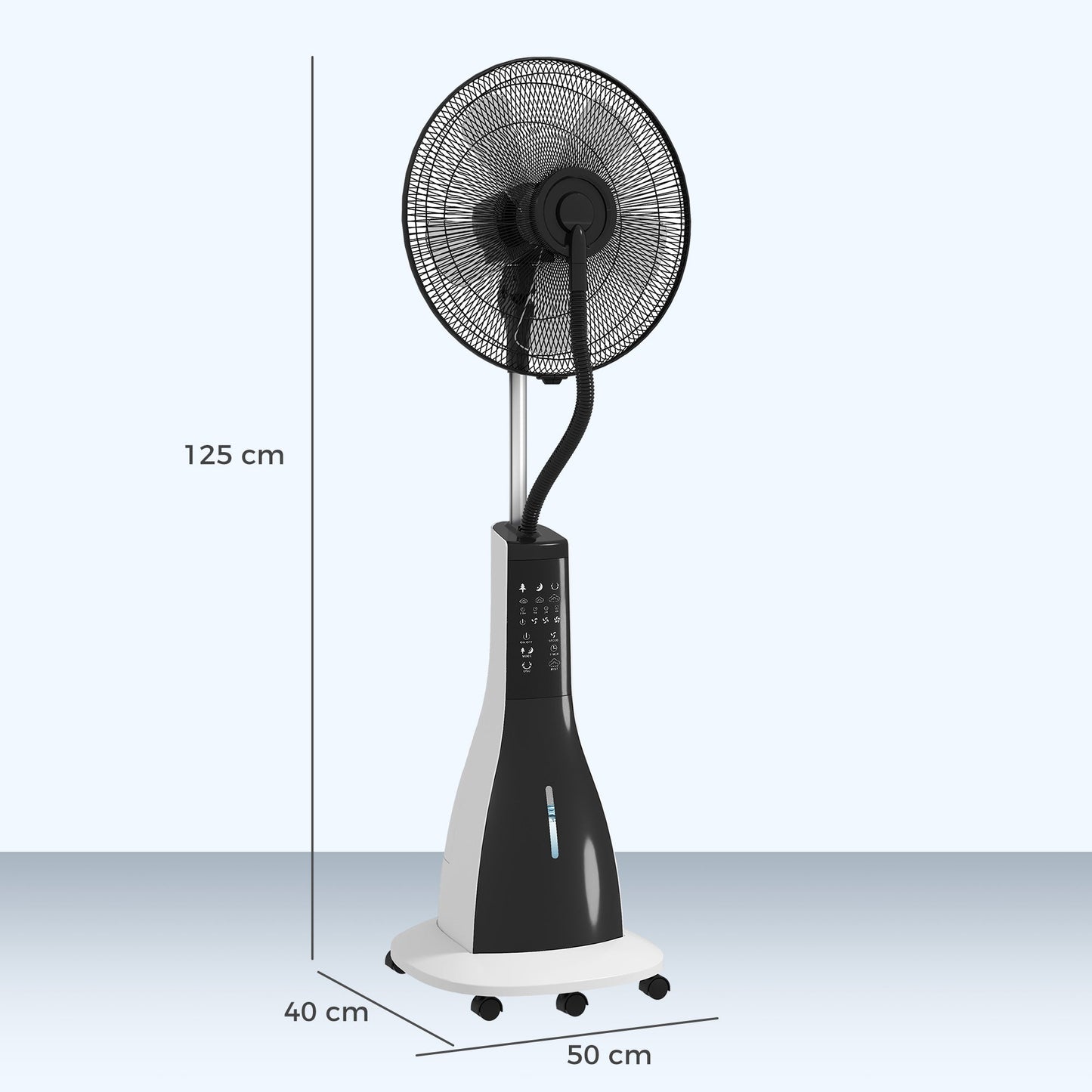 HOMCOM Pedestal Fan with Water Mist Spray, Spray Misting Fan with 75Â° Oscillation, Remote Control, Tilt Head, 3 Speeds, 3 Modes, 3 Mist, 3L Water Tank, Wheels, for Home, 125 cm