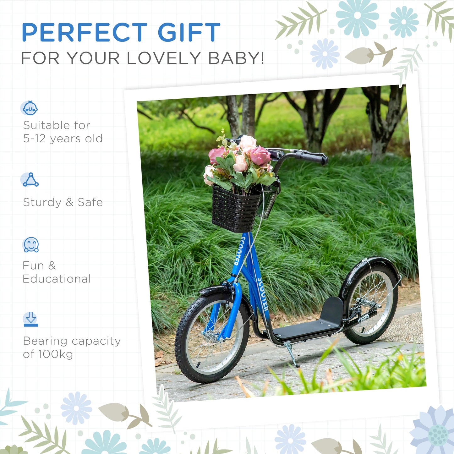 HOMCOM Kids Scooter, Kick Stunt Scooter with Adjustable Handlebar, Dual Brakes, Basket, Cupholder, Mudguard, 16" Inflatable Rubber Wheels, for 5-12 years, Blue