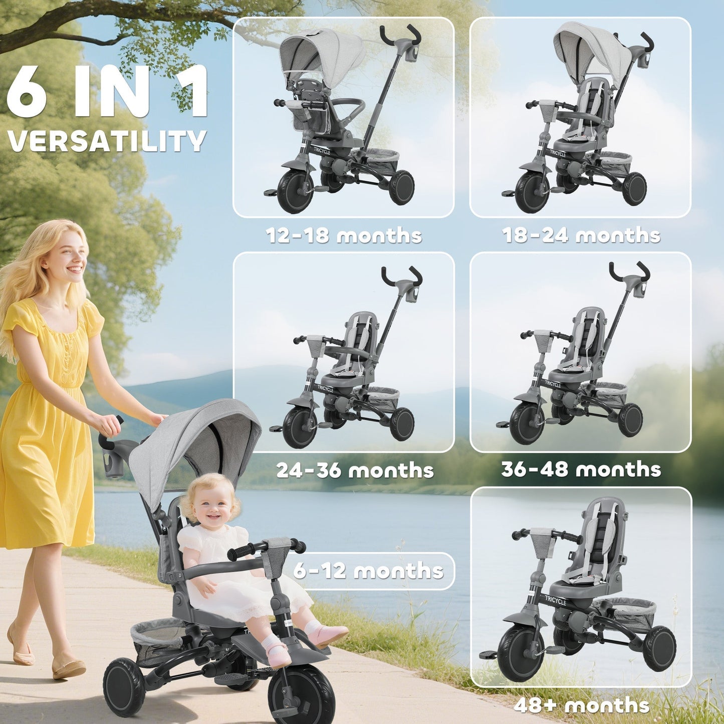 AIYAPLAY 6 in 1 Foldable Kids Trike with Adjustable Parent Handle & Canopy for Ages 1-5, Grey