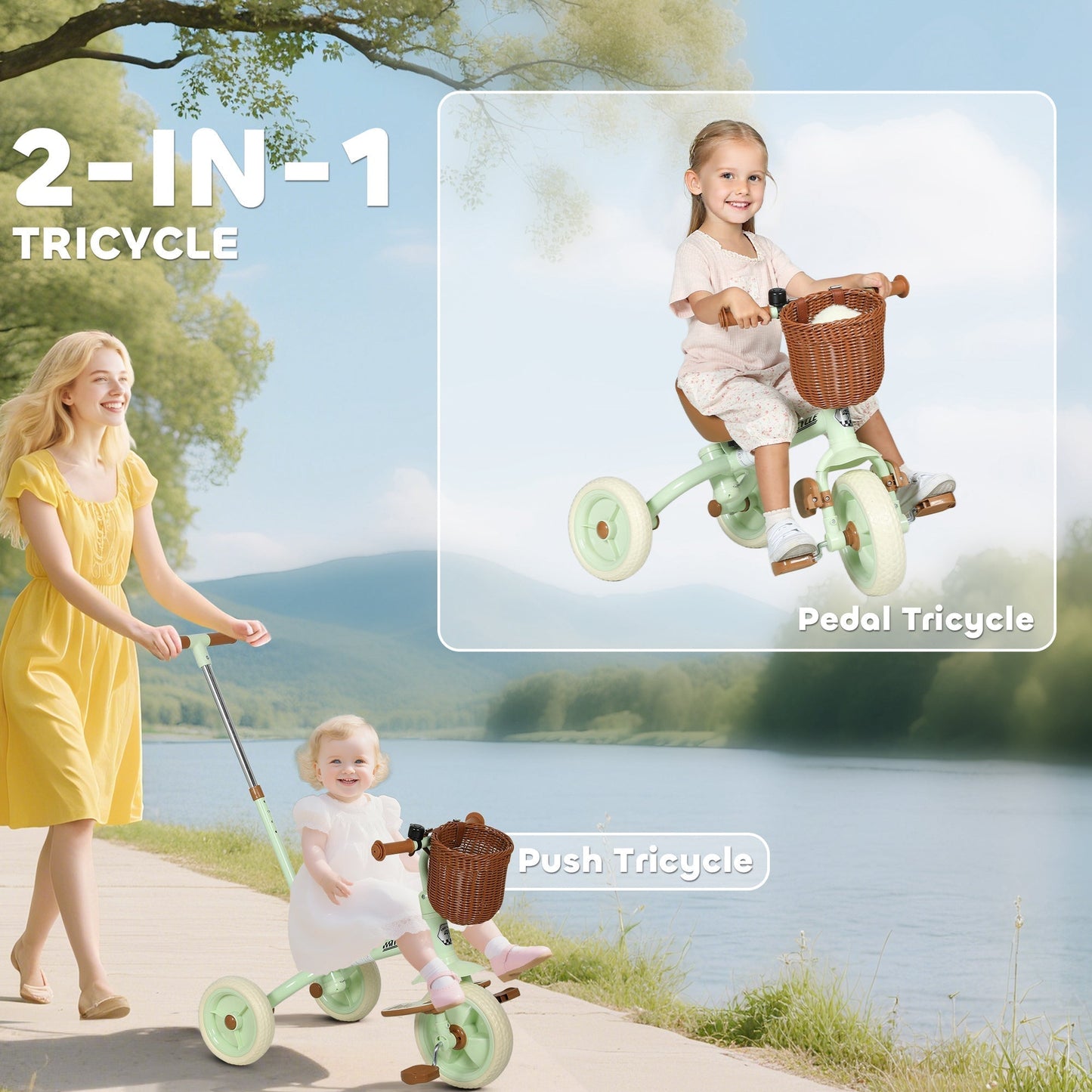 AIYAPLAY 2-In-1 Toddler Trike for 2-5 Years Old, 3 Wheel Bike with Adjustable Parent Handle, Basket for Boys and Girls, Green