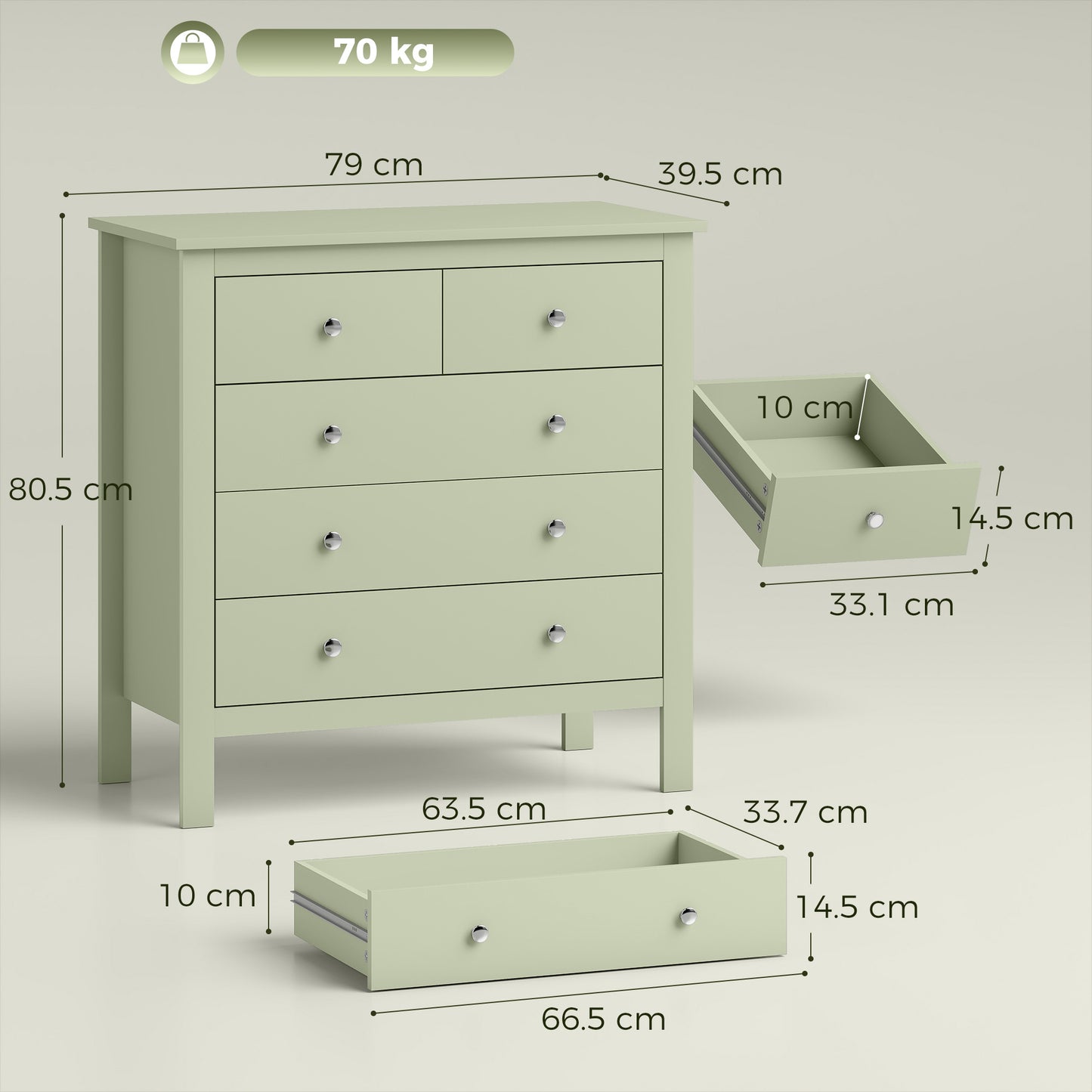 HOMCOM 5 Drawer Dresser for Bedroom, Modern Chest of Drawers, Wide Storage Unit for Living Room, Hallway, Sage Green