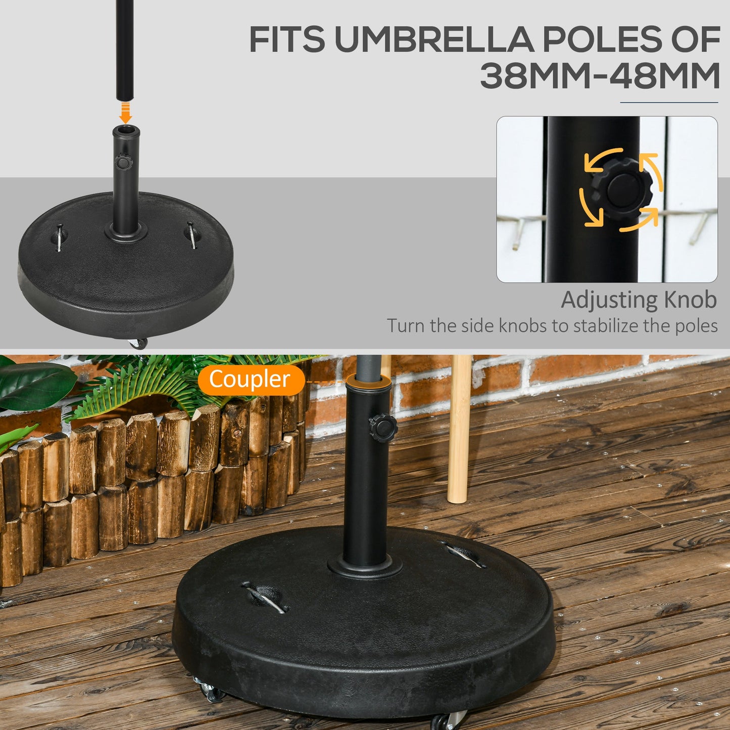 Outsunny 25kg Resin Garden Parasol Base with Wheels and Retractable Handles, Round Outdoor Market Umbrella Stand Weight for Poles of Î¦38mm to Î¦48mm, Black