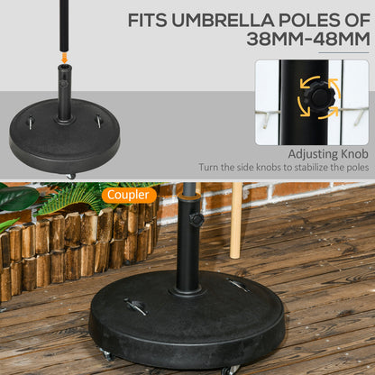 Outsunny 25kg Resin Garden Parasol Base with Wheels and Retractable Handles, Round Outdoor Market Umbrella Stand Weight for Poles of Î¦38mm to Î¦48mm, Black
