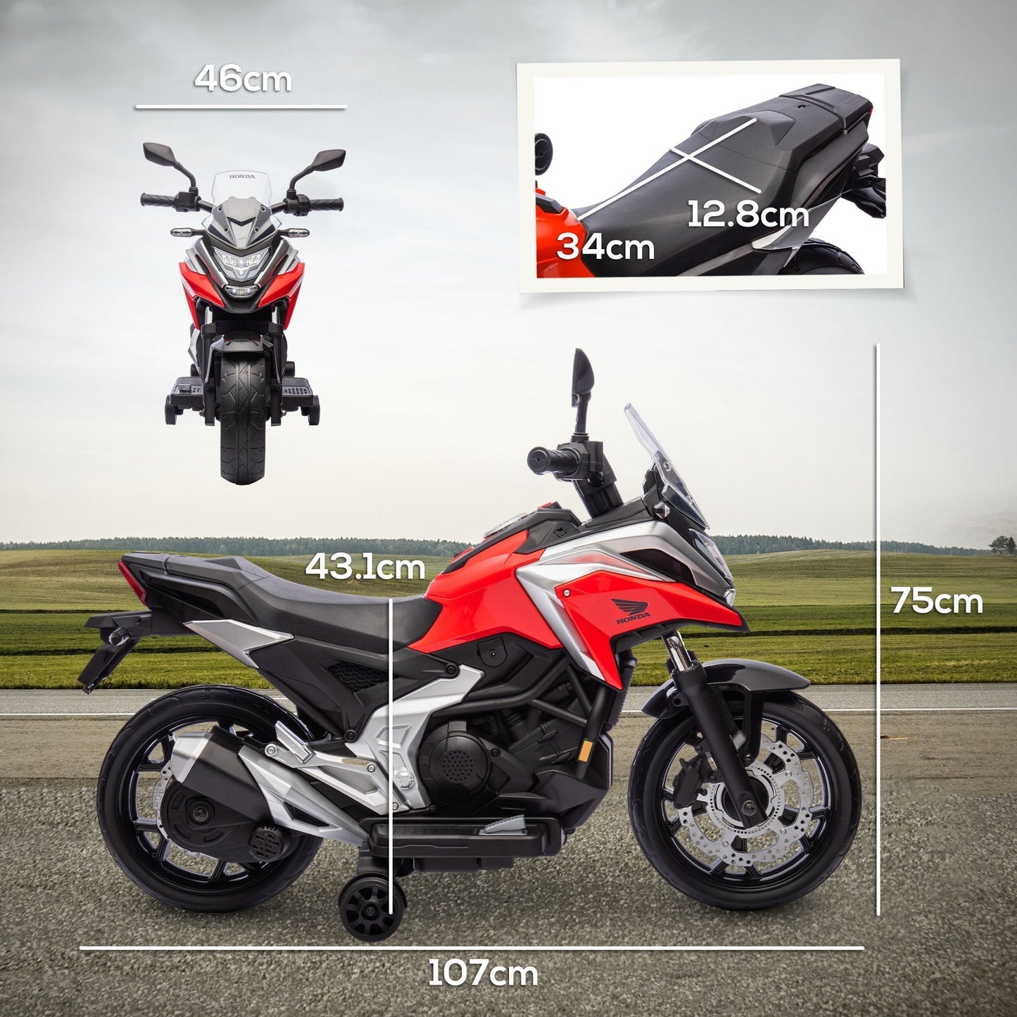AIYAPLAY 12V Honda Licensed Kids Electric Motorbike w/ Music, Safety lights, Early Education Function, for Ages 3-6 Years, Red