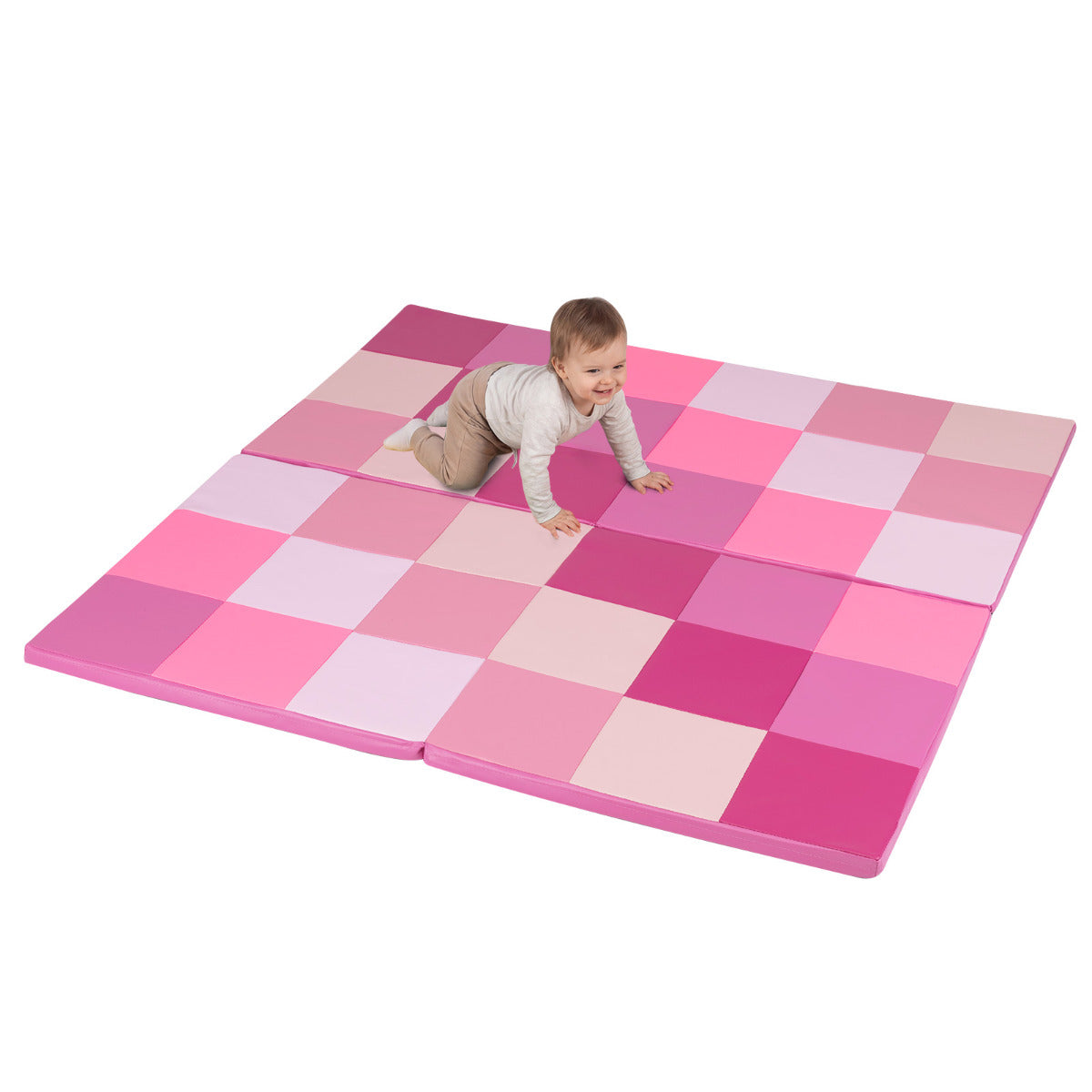 Foldable Patchwork Toddler Activity Mat with Waterproof Faux Leather-Pink