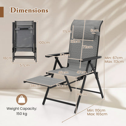 Folding Patio Chair with 10-Level Adjustable Backrest and Armrests-Grey