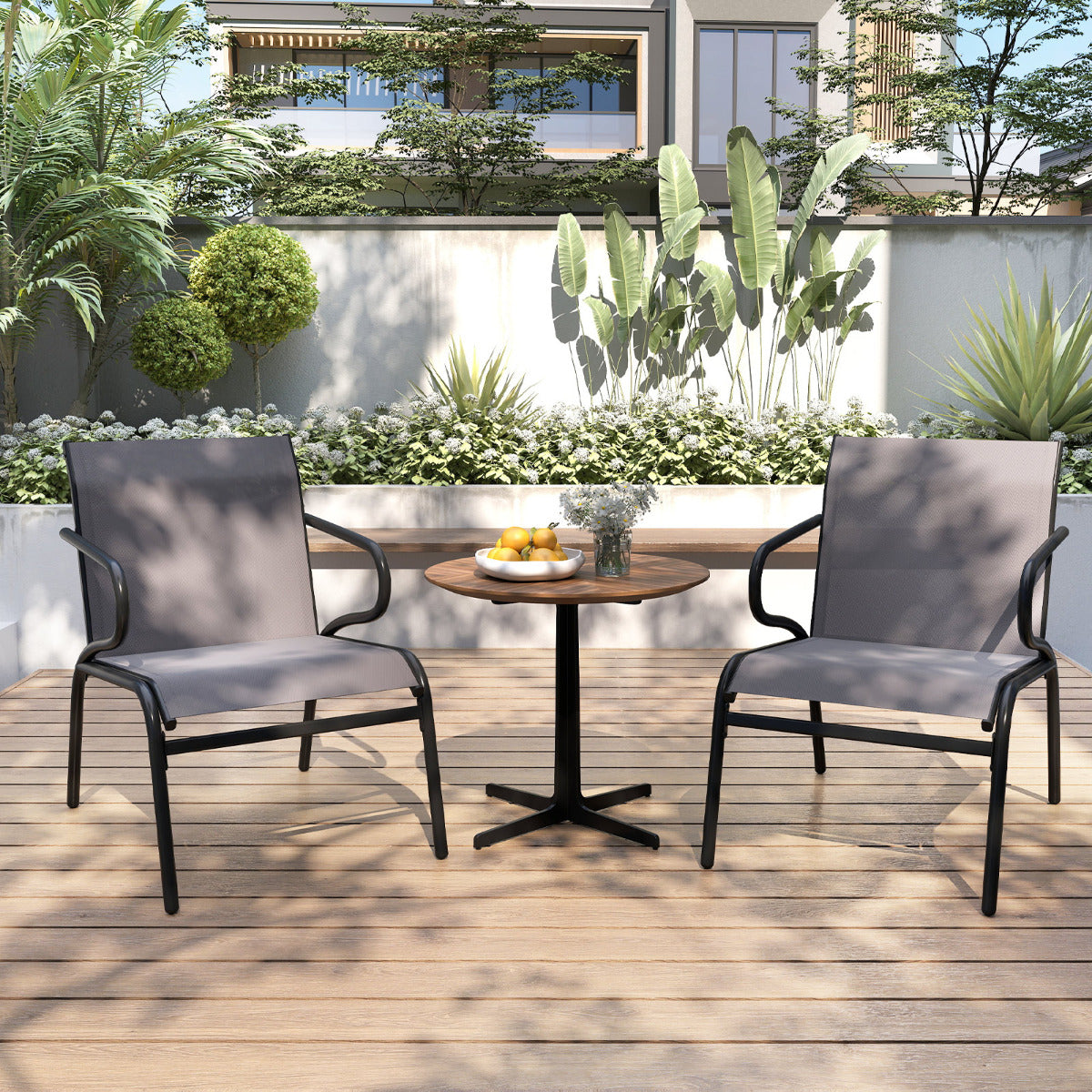 Patio Chairs Set of 2 with Breathable Fabric and Metal Frame-Grey