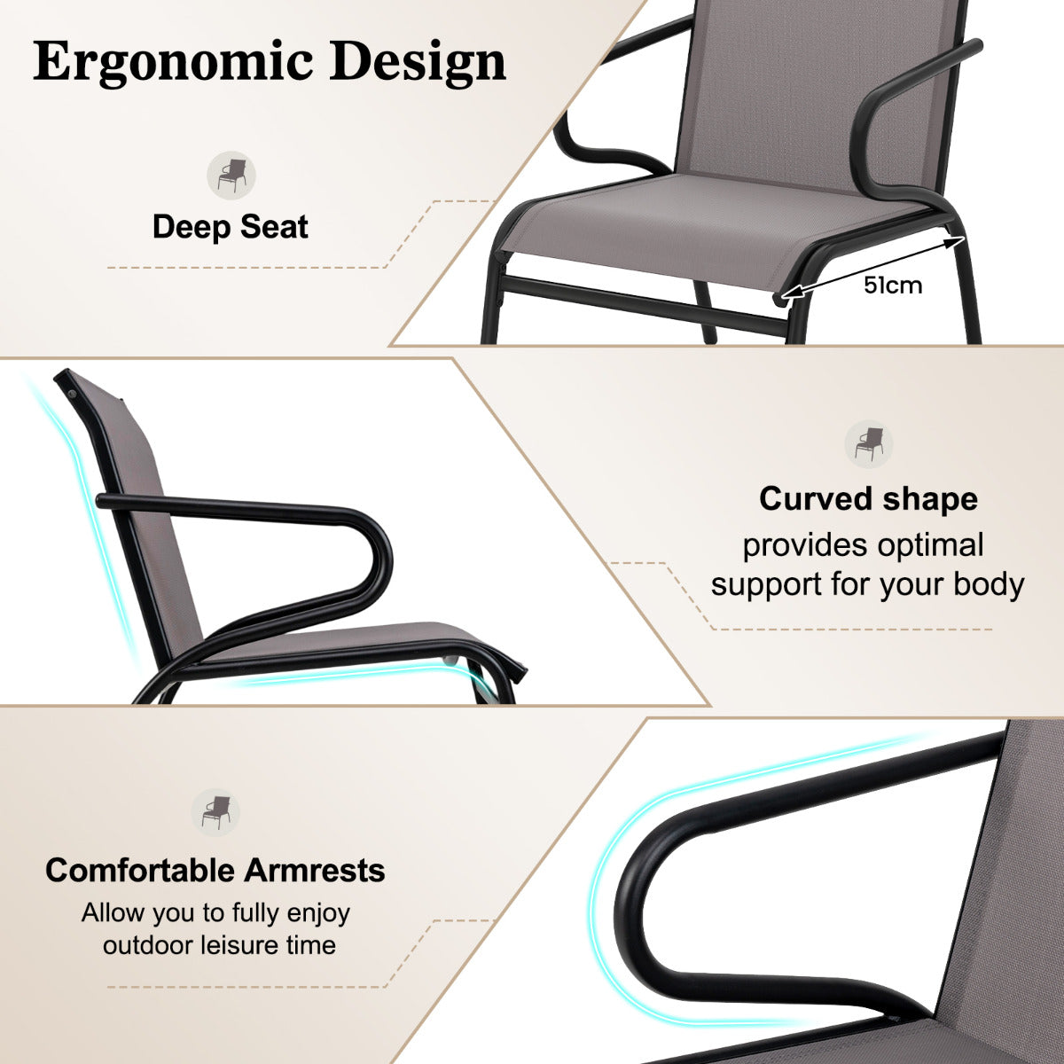 Patio Chairs Set of 2 with Breathable Fabric and Metal Frame-Grey