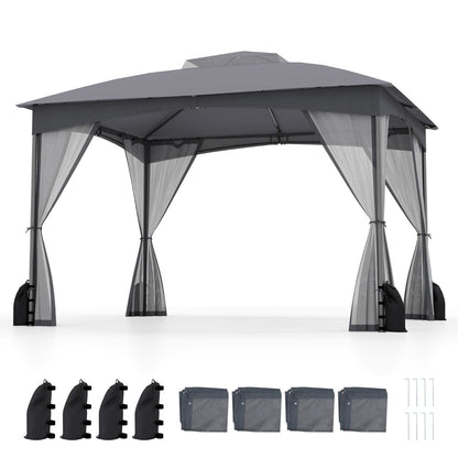 Patio Gazebo with Netting Walls Soft Top Double Roof Canopy with Sandbags-Grey