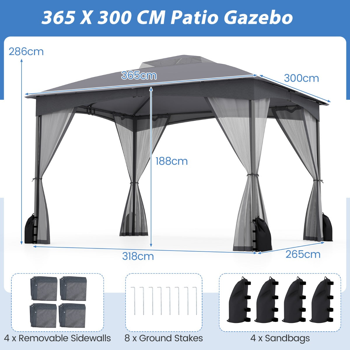 Patio Gazebo with Netting Walls Soft Top Double Roof Canopy with Sandbags-Grey