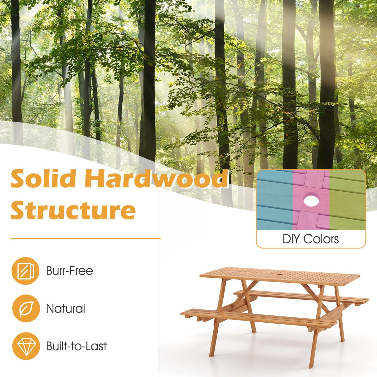 Patio Rectangle Picnic Table with 2 Built-in Benches for Backyard Garden Deck