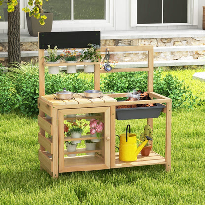 Patio Wooden Pretend Play Kitchen with Plants Observation Room for Kids Outdoor-Natural