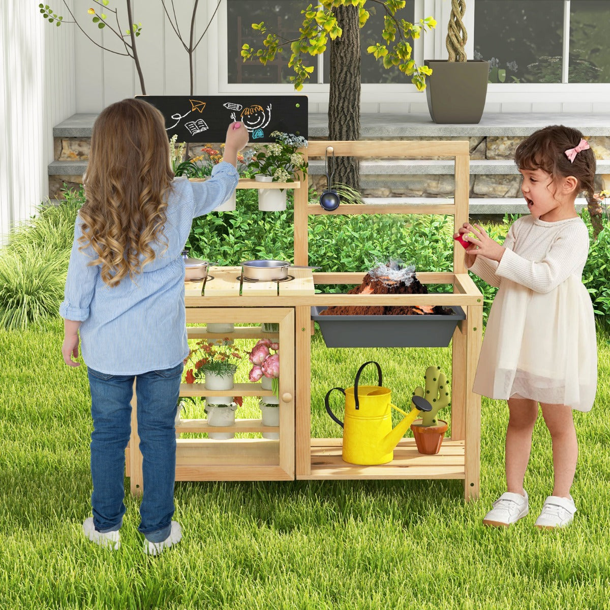 Patio Wooden Pretend Play Kitchen with Plants Observation Room for Kids Outdoor-Natural