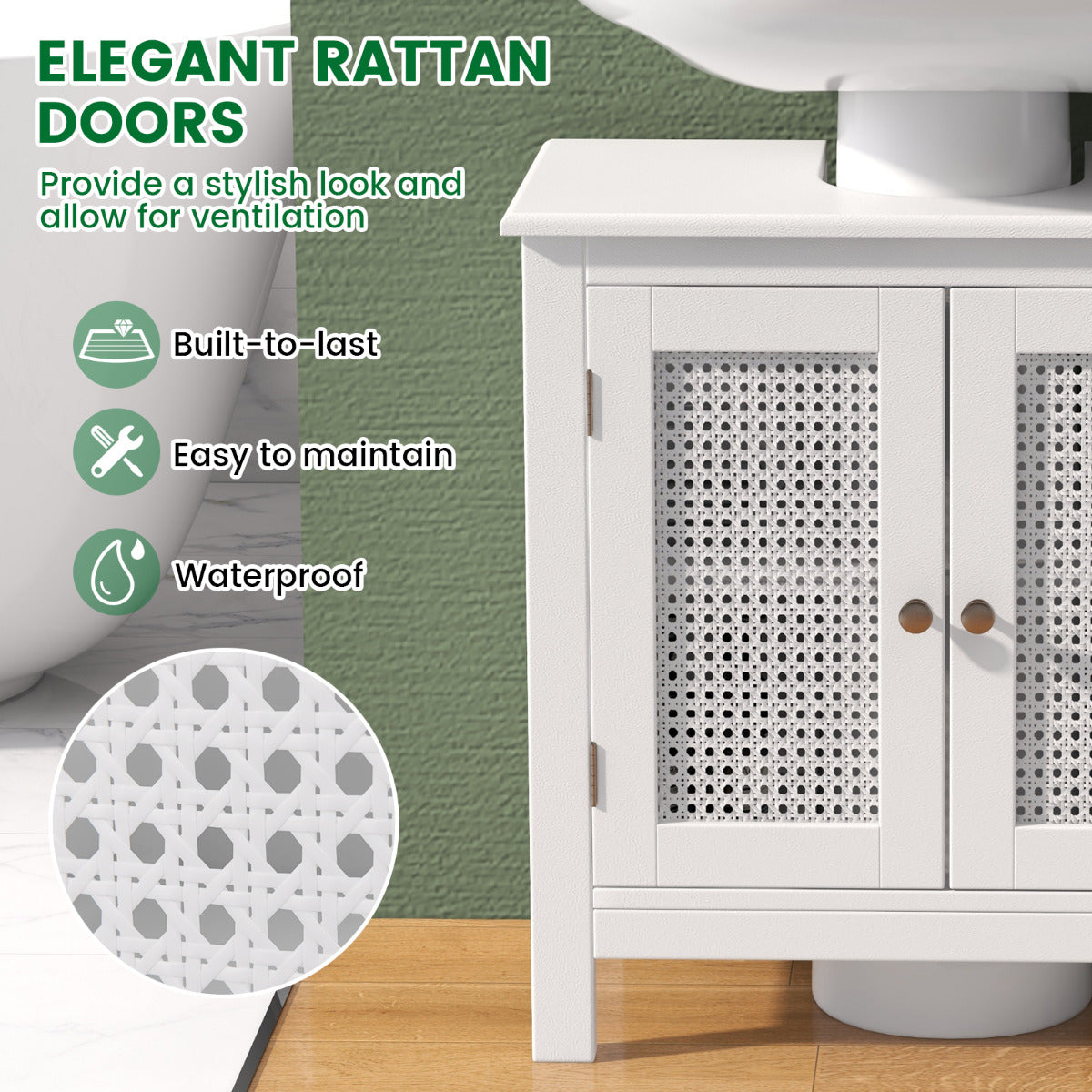 Pedestal Sink Storage Cabinet with 2 Rattan Doors-White