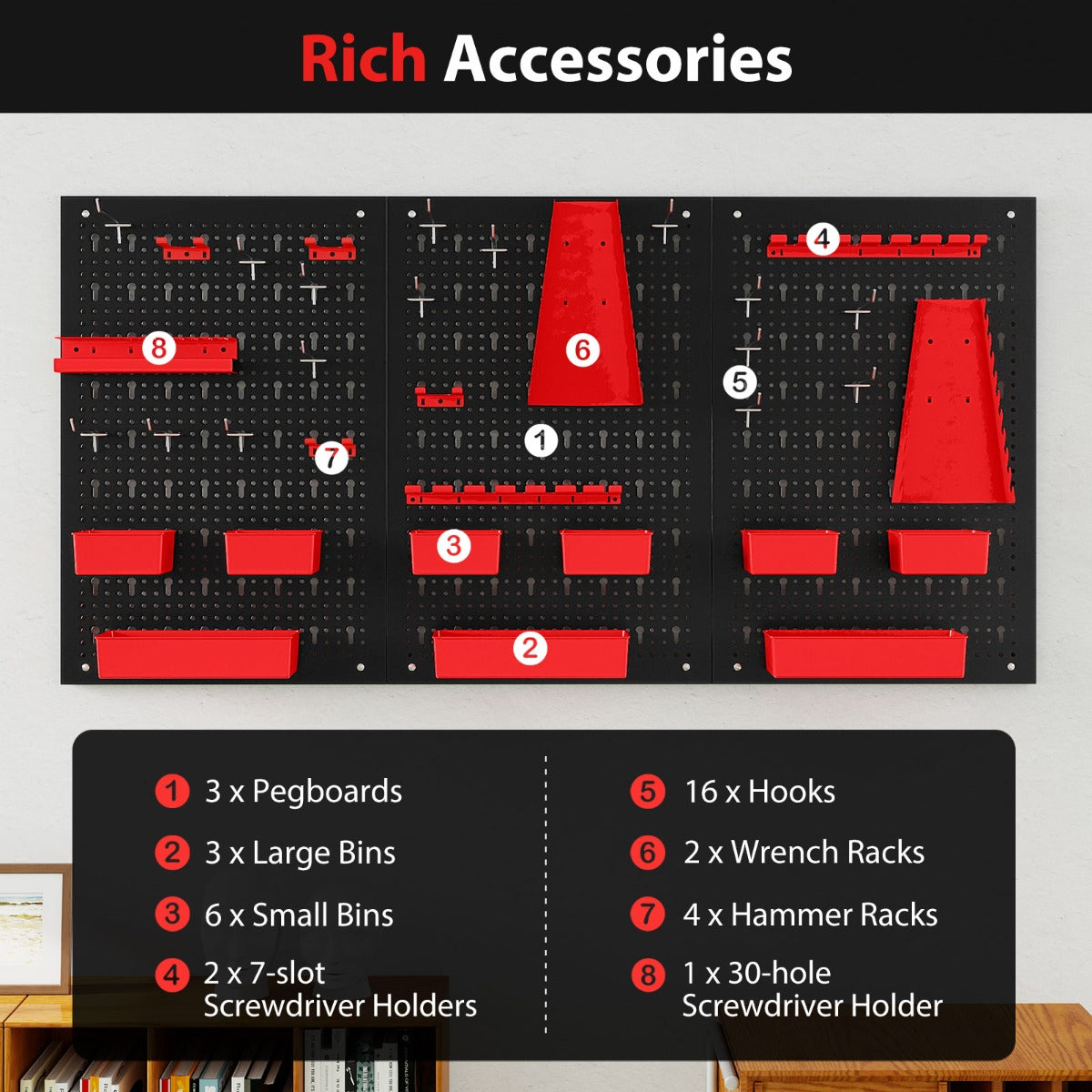 Pegboard Wall 9-Bin Parts Rack Organizer Heavy-Duty Utility Tool Storage Board-Red