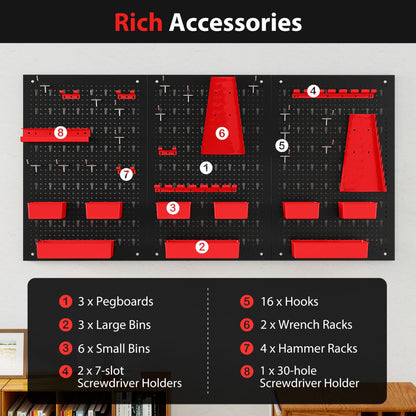 Pegboard Wall 9-Bin Parts Rack Organizer Heavy-Duty Utility Tool Storage Board-Red
