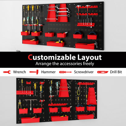 Pegboard Wall 9-Bin Parts Rack Organizer Heavy-Duty Utility Tool Storage Board-Red
