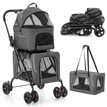 Foldable Double Pet Stroller with Detachable Carriers-Grey