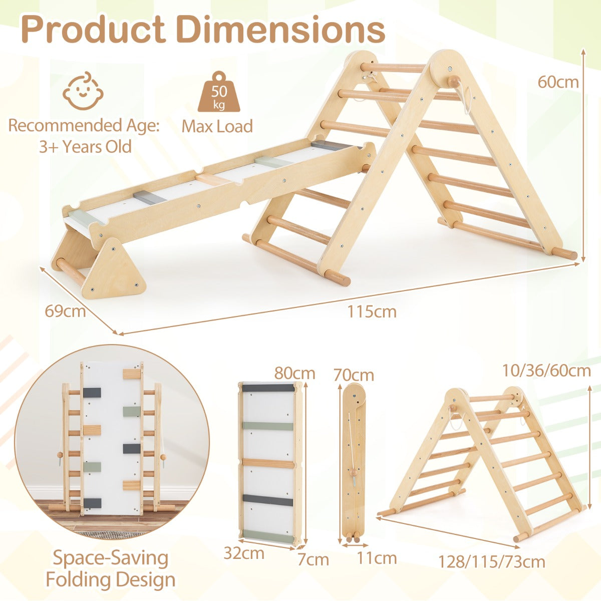 3-in-1 Pikler Triangle Climbing Set with Dual-Side Ramp and Adjustable Climbing Triangle-Natural