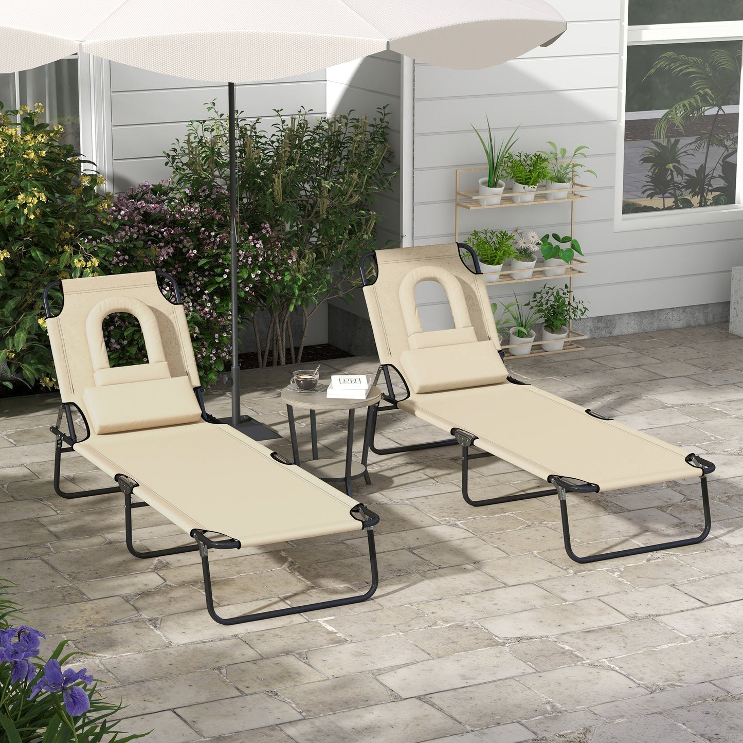 Outsunny Outdoor Folding Sun Lounger Set of 2 with Face Hole, 4 Level Adjustable Backrest Reclining Garden Lounger, Garden Recliner Sunbed with 600 D Oxford Cloth Seat and Pillow for Beach, Sand