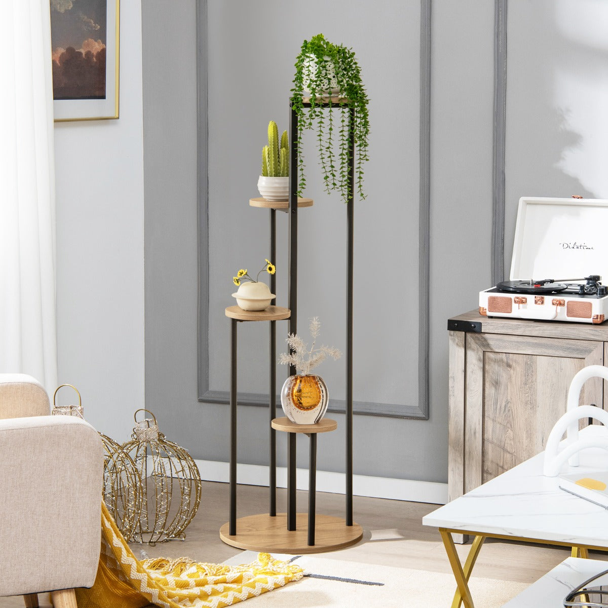 Heavy-Duty Tall Corner Indoor Metal Plant Stand for Potted Plant-Natural