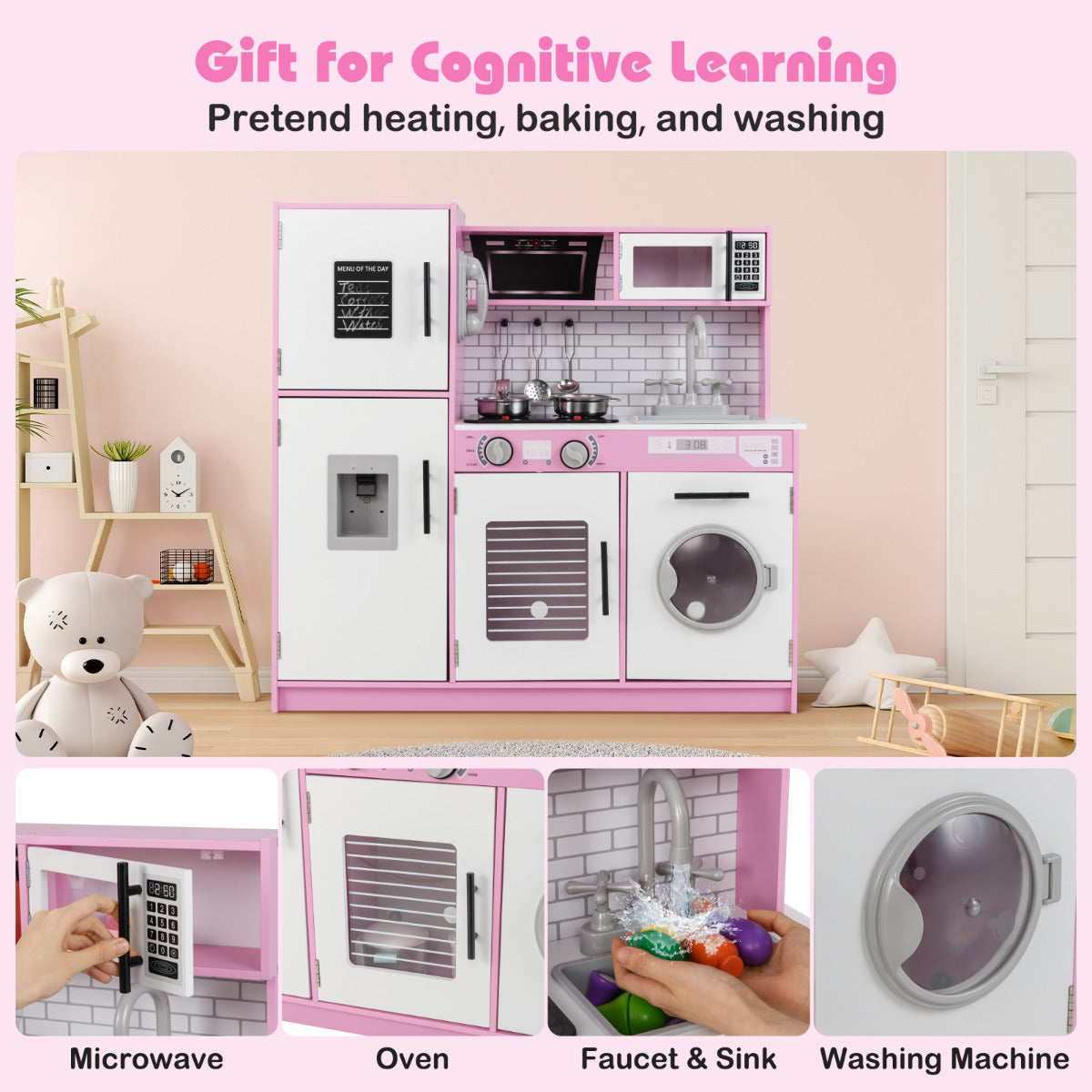 Play Kitchen Toy Set with Oven and Washing Machine for Aged 3+ Years Old-Pink