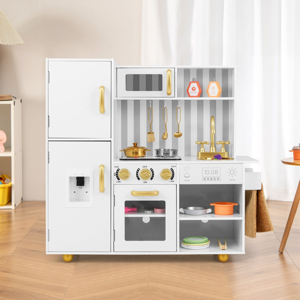 Play Kitchen Toy Set with Oven Real Sounds and Lights-Golden