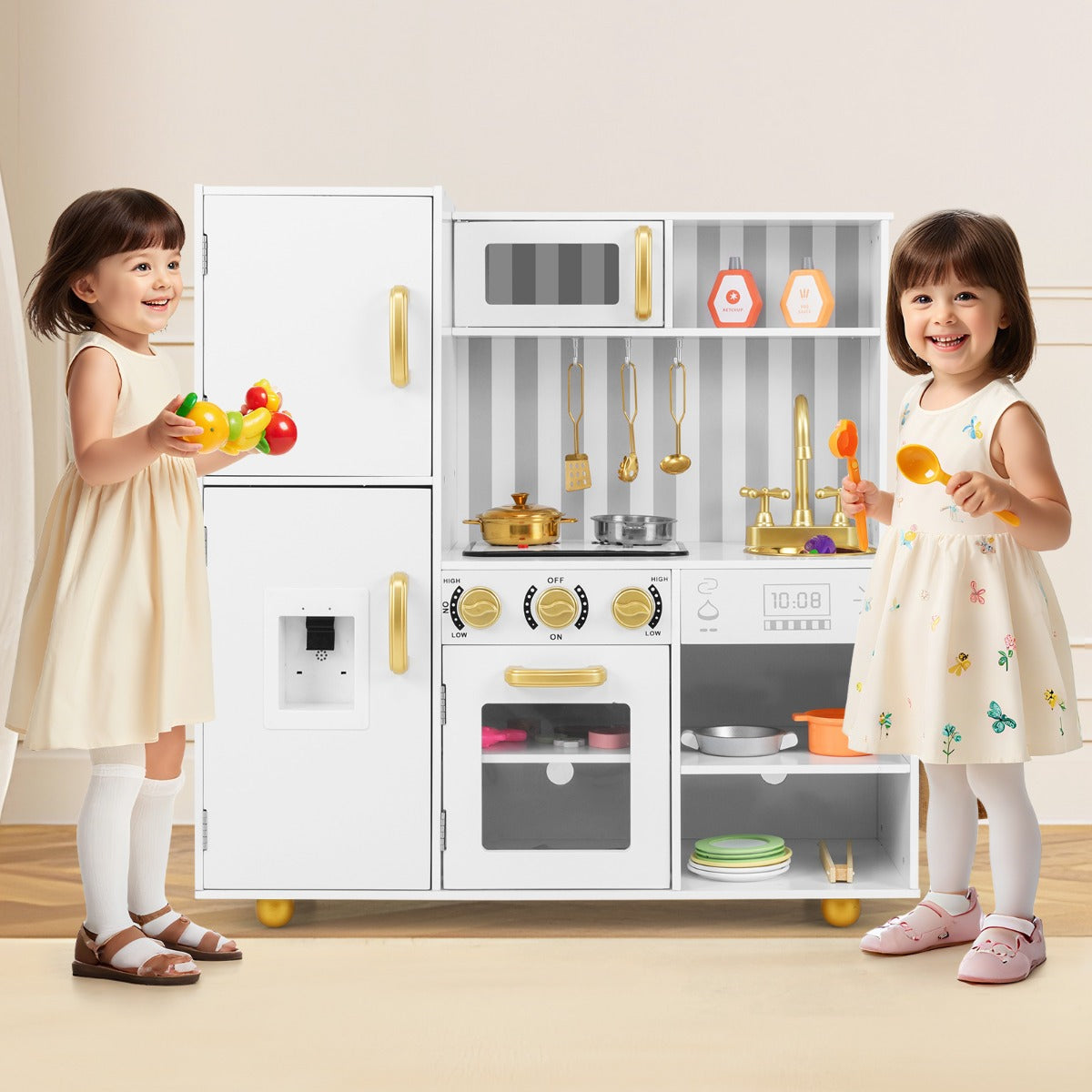 Play Kitchen Toy Set with Oven Real Sounds and Lights-Golden