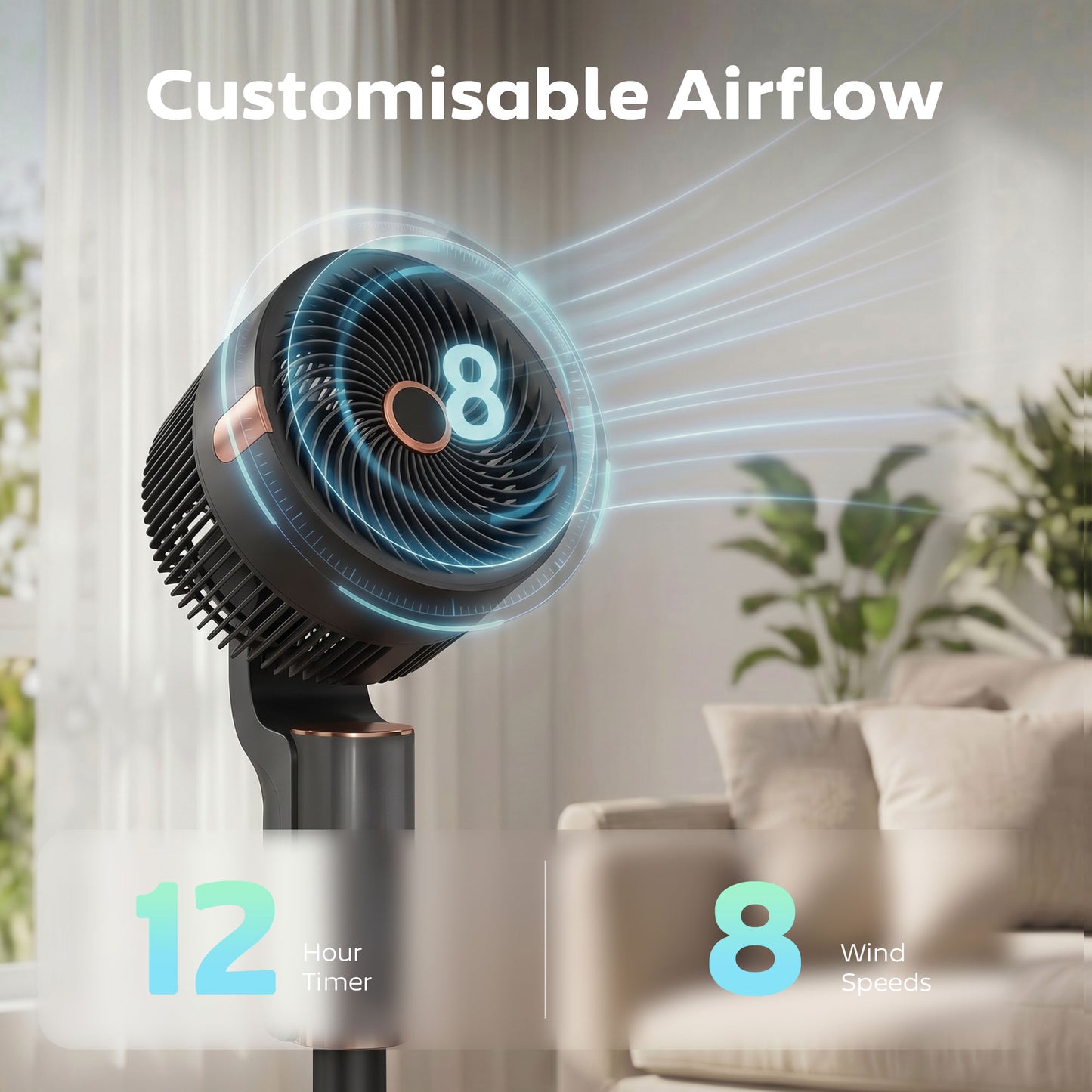 HOMCOM 20 dB Silent Standing Fan for Bedroom, 44" Pedestal Fan with 90Â° Oscillating, 8 Speeds and LED Light, Black