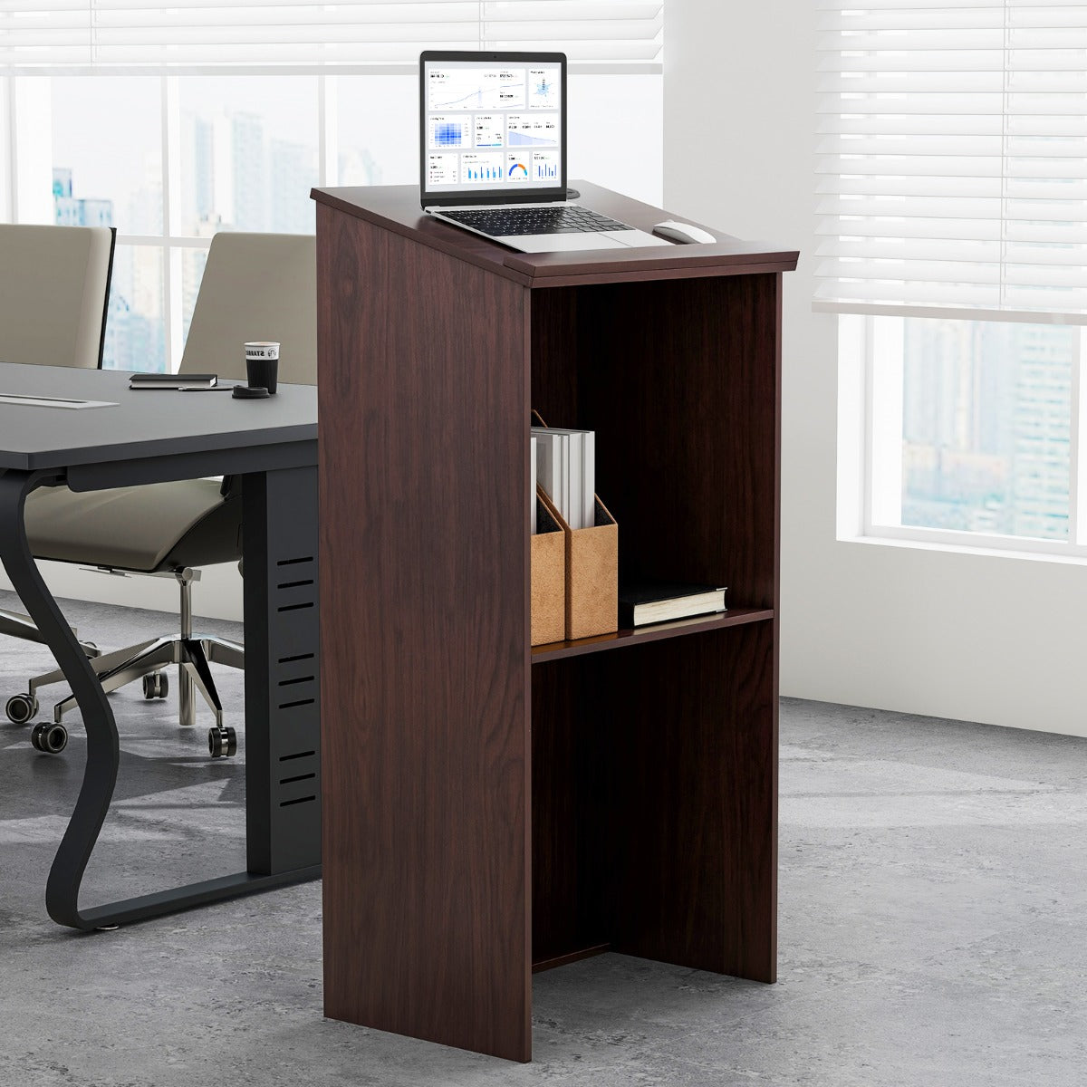 Podium Stand Hostess Stand for Speakers with Storage Shelf-Brown