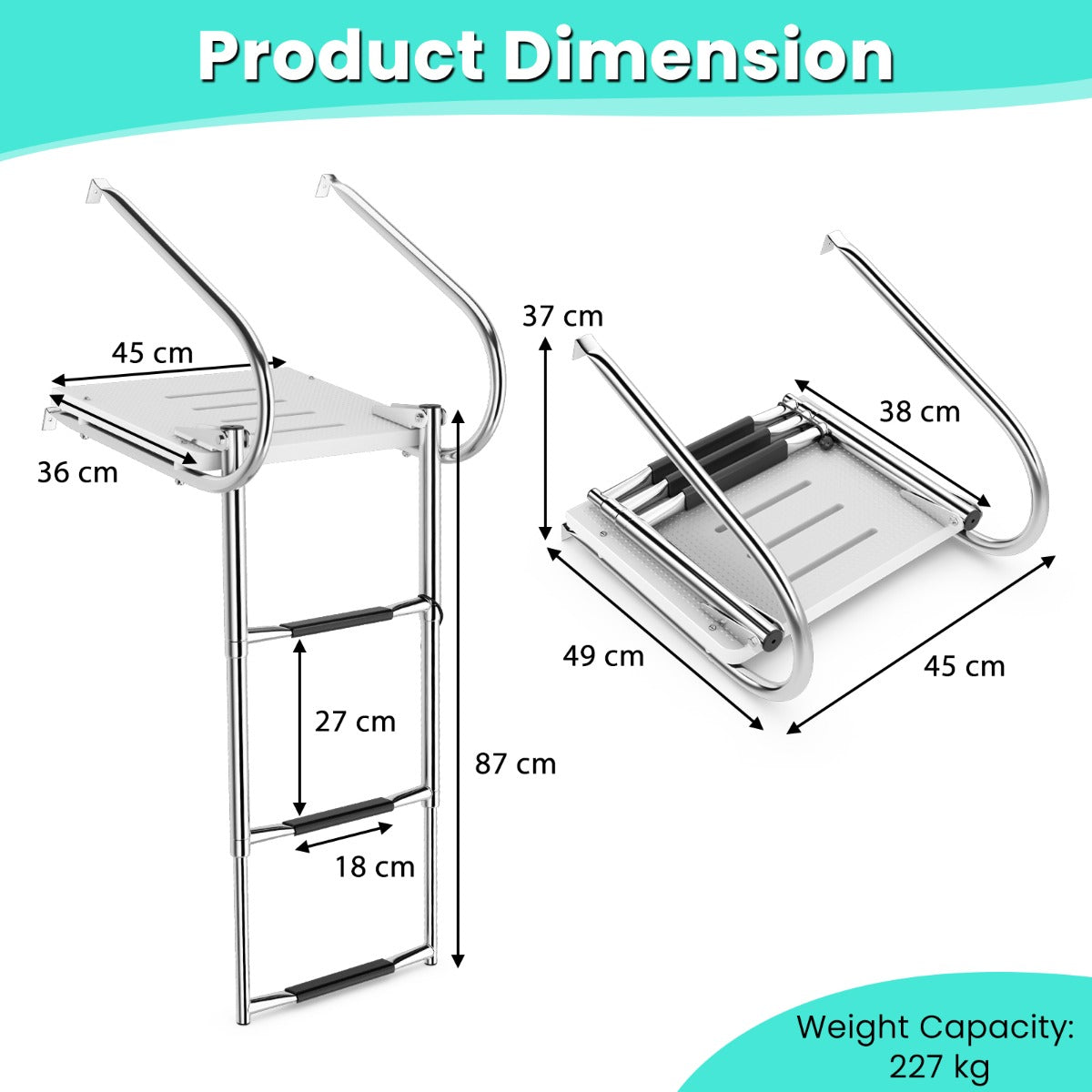 3-Step Telescoping Boat Ladder with Fiberglass Platform and 2 Handrails