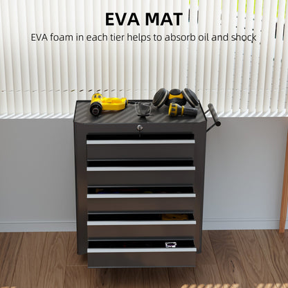 HOMCOM 5-Drawer Tool Chest with Wheels, Steel Lockable Tool Storage Cabinet with Handle, 2 Keys for Garage, Workshop, Black