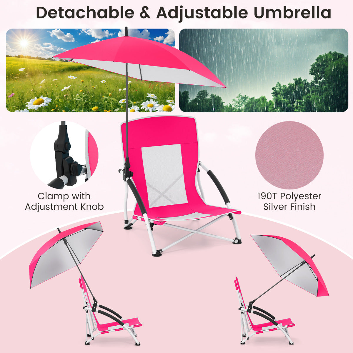 Portable Beach Umbrella Chair with Adjustable Parasol-Pink