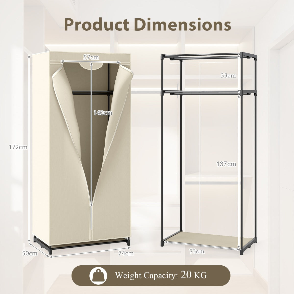 Portable Single Clothes Closet with Hanging Rail-Beige
