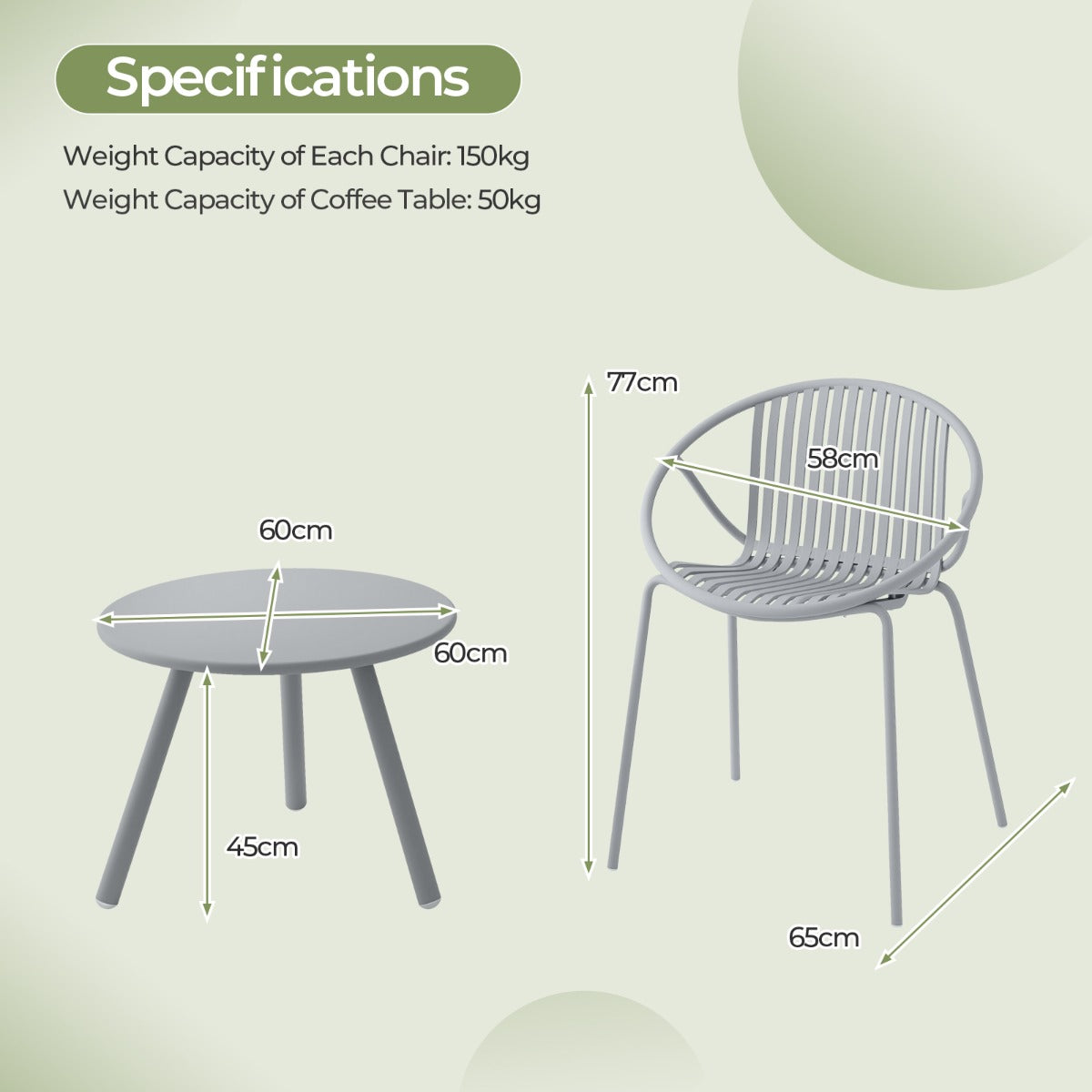 All Weather PP Patio Conversation 3 Pieces Bistro Set with Round Coffee table-Grey