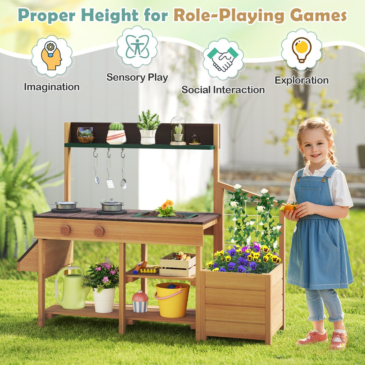 Pretend Mud Kitchen Play Kitchen with Removable Sink and Planter Boxes-Brown