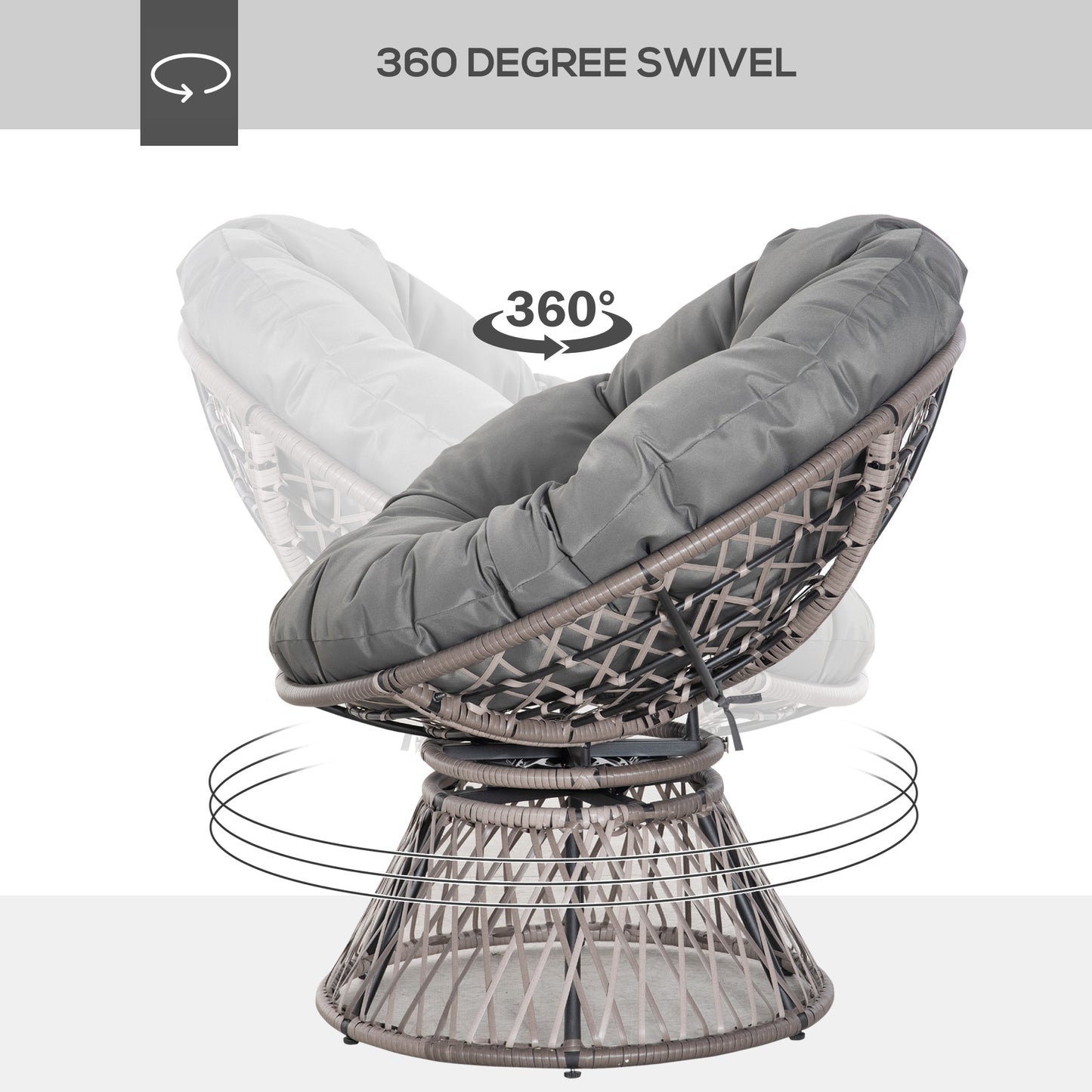Outsunny 360Â° Swivel Rattan Papasan Moon Bowl Chair Round Lounge Garden Wicker Basket Seat with Padded Cushion Oversized for Outdoor Indoor, Grey
