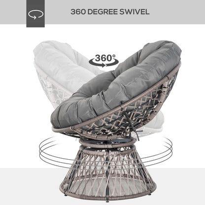 Outsunny 360Â° Swivel Rattan Papasan Moon Bowl Chair Round Lounge Garden Wicker Basket Seat with Padded Cushion Oversized for Outdoor Indoor, Grey