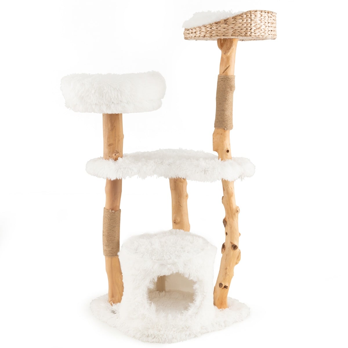 124 CM Tall Wooden Cat Tree with Jute Scratching Posts-White