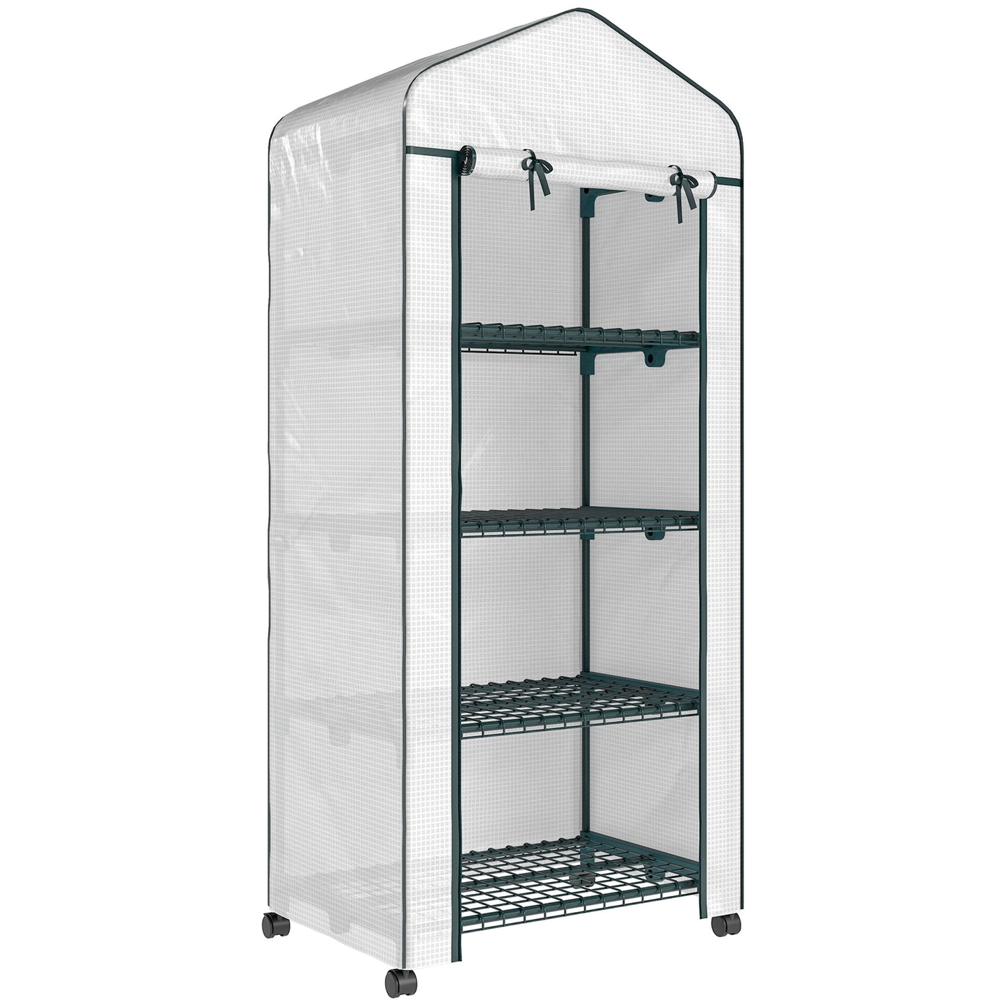 Outsunny 4 Tier Mini Portable Greenhouse Compact Plant Grow Shed Metal Frame PE Cover with Lockable Rolling Wheels , White