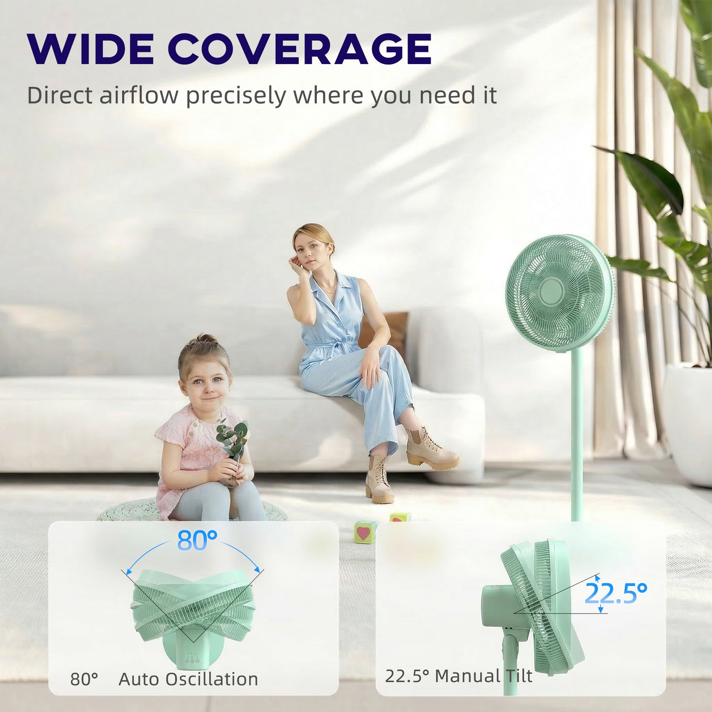 HOMCOM 40 cm Standing Fan, Cooling Floor Fan with 80Â° Oscillating, Adjustable Tilt and Height, 4 Speed, Remote Control, Green