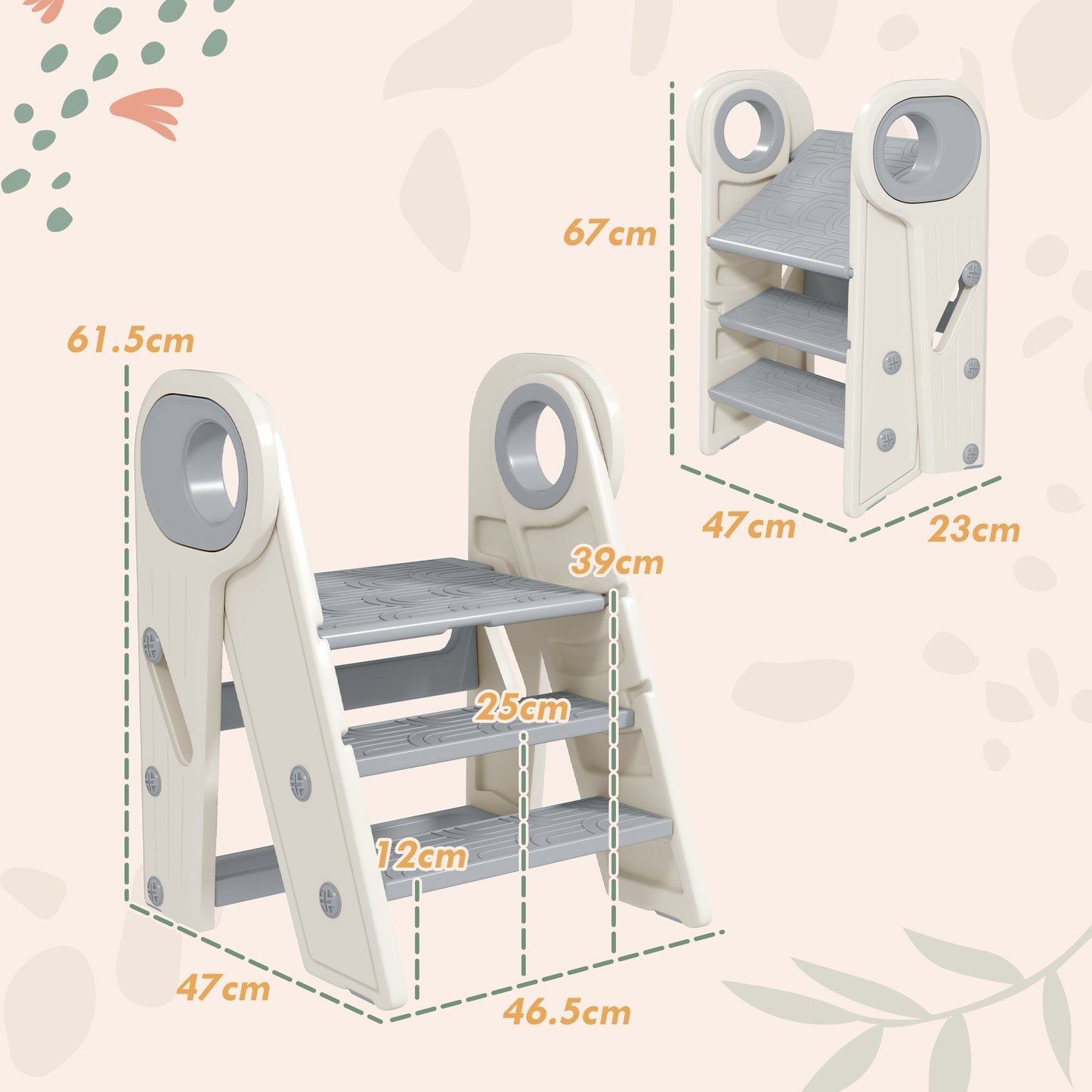 AIYAPLAY Foldable and Adjustable Kids Step Stool with Handle, Non-Slip, Grey