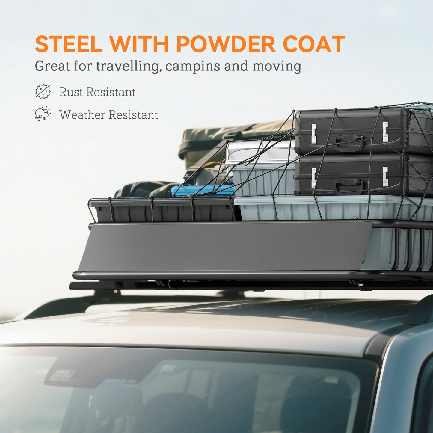 HOMCOM Universal Roof Rack Basket Tray, 90.7 kg Steel Car Rooftop Luggage Cargo Carrier Holder with Wind Fairing, Side Rails for SUVs, Pickups, Sedans, Off-Road Vehicles, 110.5 x 99.5 x 18.5 cm, Black
