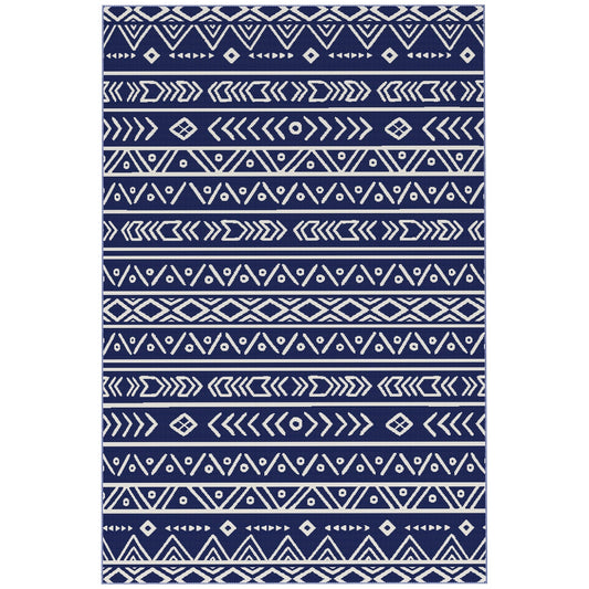 Outsunny Reversible Outdoor Rug with Carry Bag, Waterproof Plastic Straw Mat for Garden, Deck, RV, Picnic, Beach, Camping, 182 x 274cm, Dark Blue and White