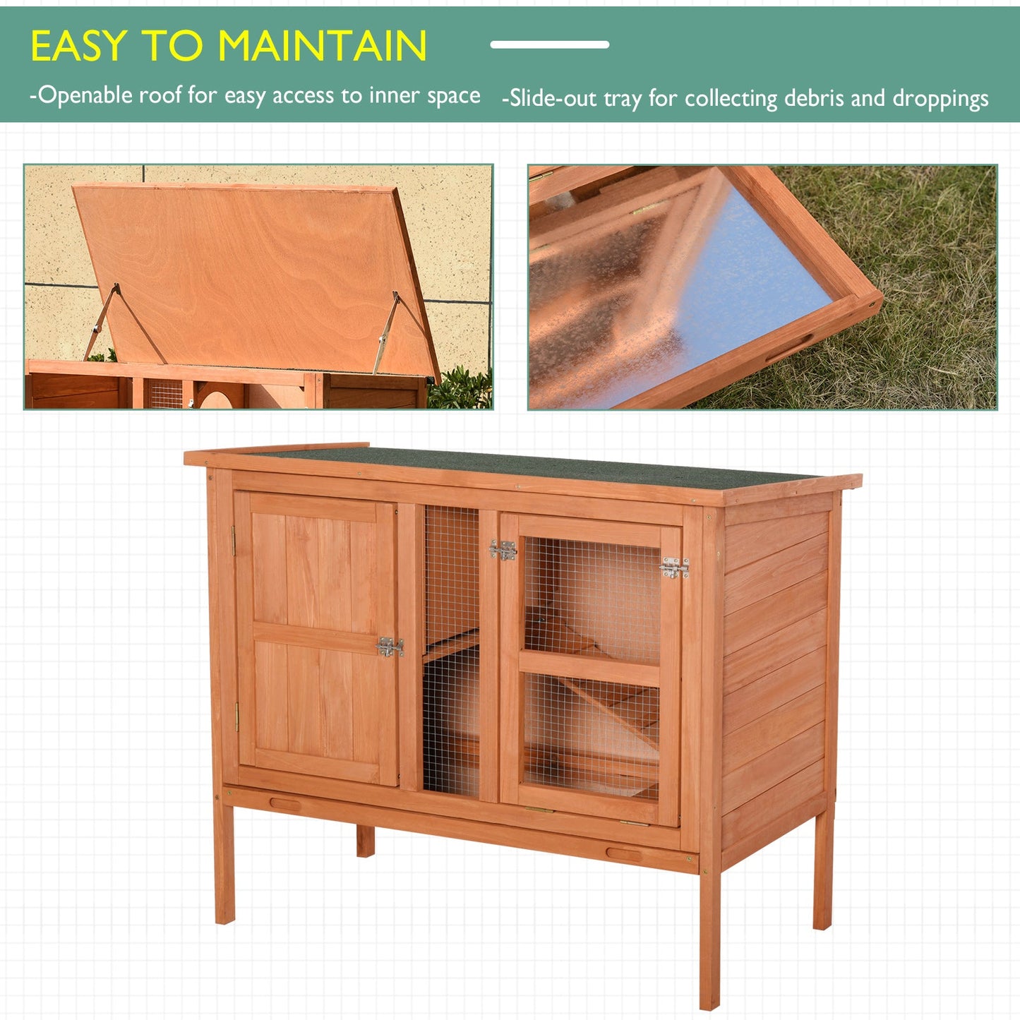 PawHut Wooden Guinea Pigs Hutches Elevated Pet Bunny House with Slide-Out Tray Openable Roof