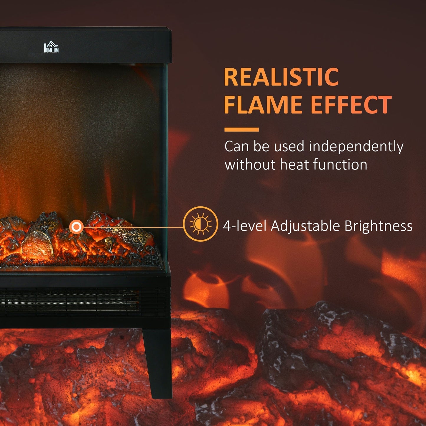 HOMCOM 180 Charming Electric Fireplace Heater, Quiet Freestanding Stove with LED Flame Effect, Level-less Temperature Control, Overheating Protection, 1000W/2000W, Black