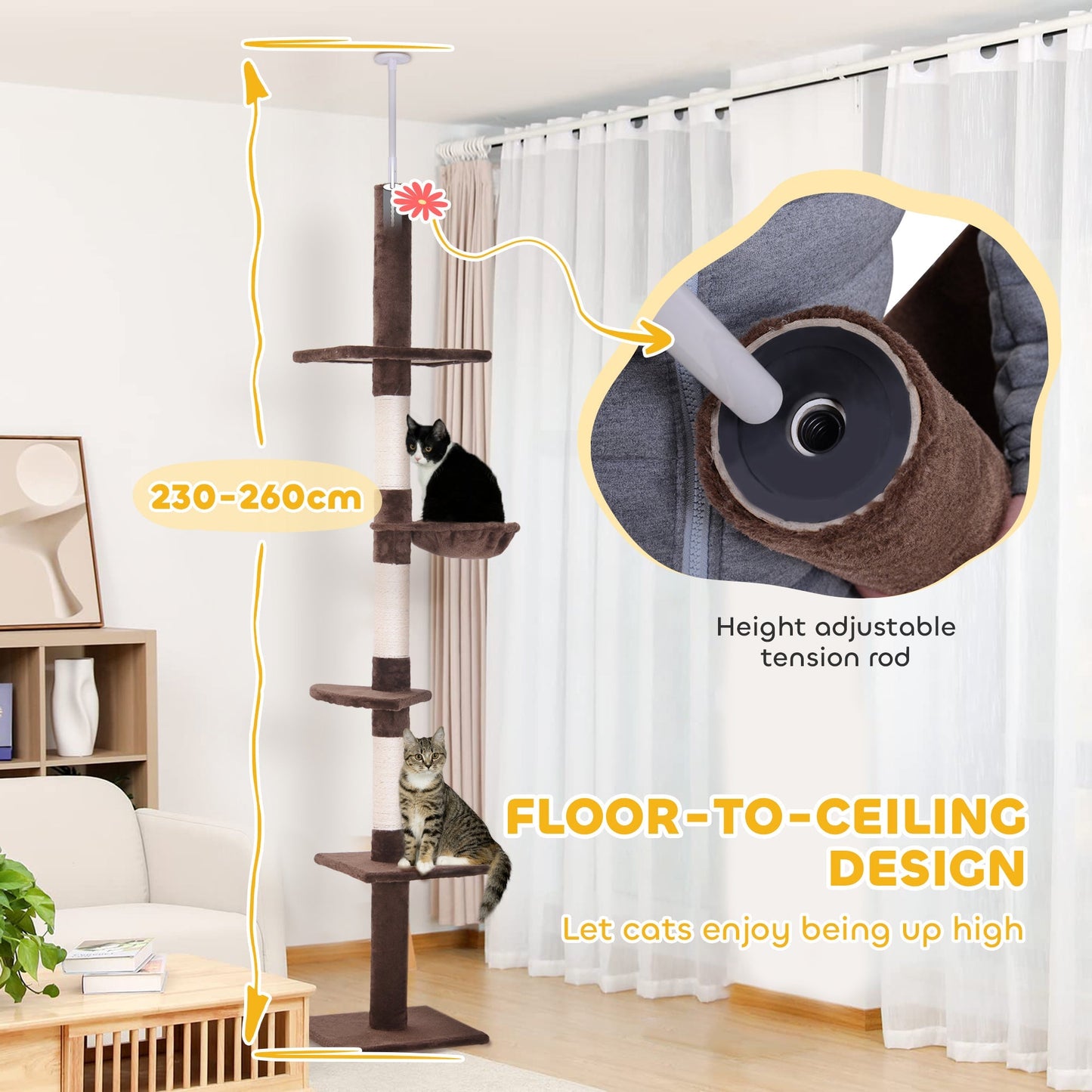 PawHut Floor to Ceiling Cat Tree 230-260cm Height Adjustable, 5-Tier Cat Tower with Scratching Posts, Hammock, Perches, Climbing Activity Centre for Indoor Kittens Playing and Relaxing, Brown