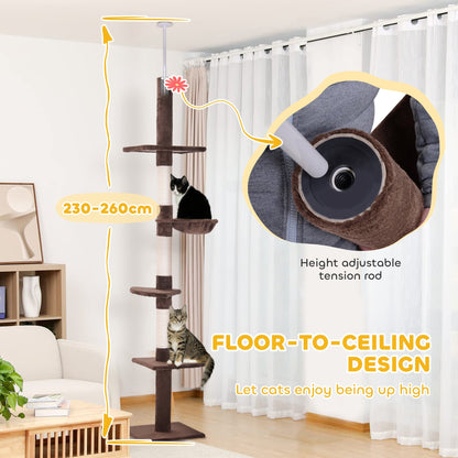 PawHut Floor to Ceiling Cat Tree 230-260cm Height Adjustable, 5-Tier Cat Tower with Scratching Posts, Hammock, Perches, Climbing Activity Centre for Indoor Kittens Playing and Relaxing, Brown